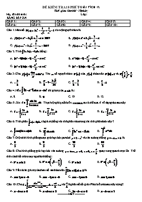 Đề kiểm tra 18 phút Giải tích 12 (Đề 1)